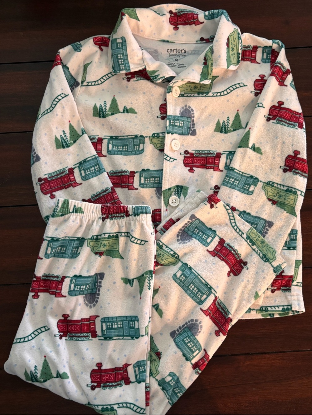 Carter's White Kids Pajama Set with Red & Green Train Print